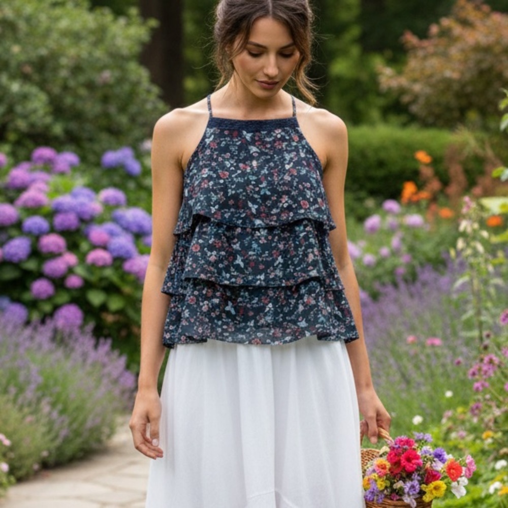 Abercrombie & Fitch Women’s Floral Ruffle Navy Sleeveless Cami Size L